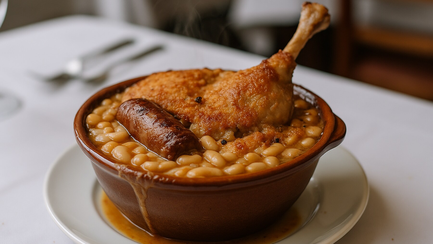 Le cassoulet de Castelnaudary servi dans sa cassole en terre cuite