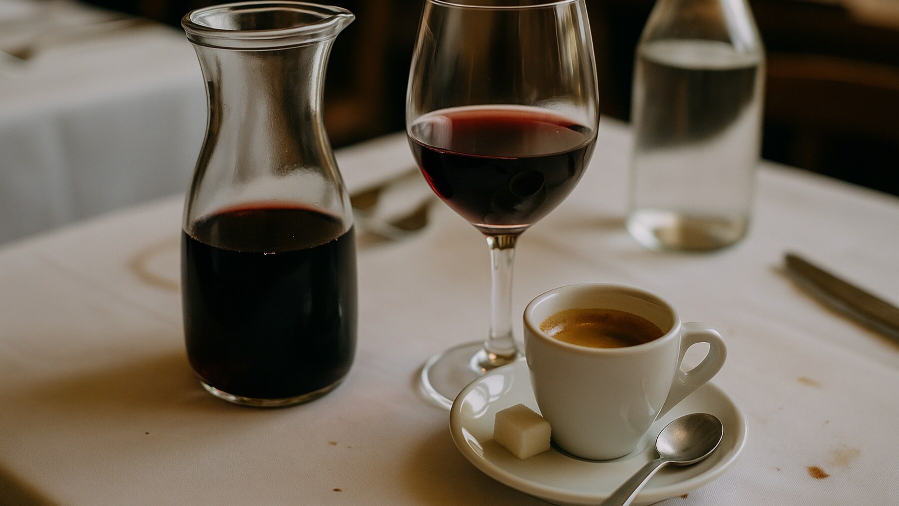 Le quart de vin et le cafe servis a table